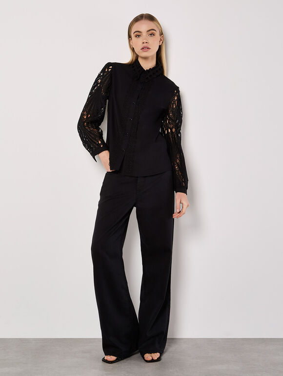 Lace Sleeve Cotton Shirt, Black, large