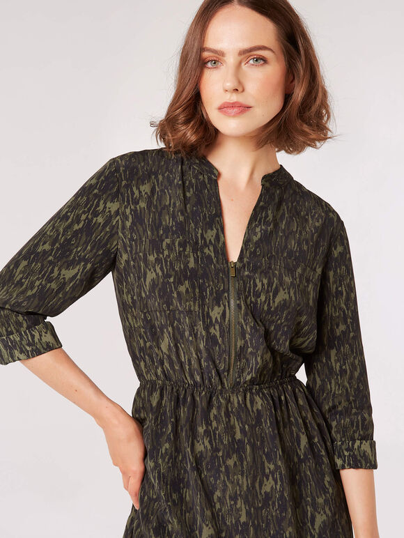Texture Print Zip Midi Dress, Green, large