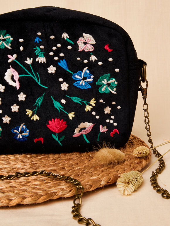 Floral Embroidered Velvet Bag, Black, large