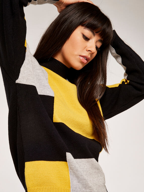 Colour Block Mock Neck Jumper, Mustard, large