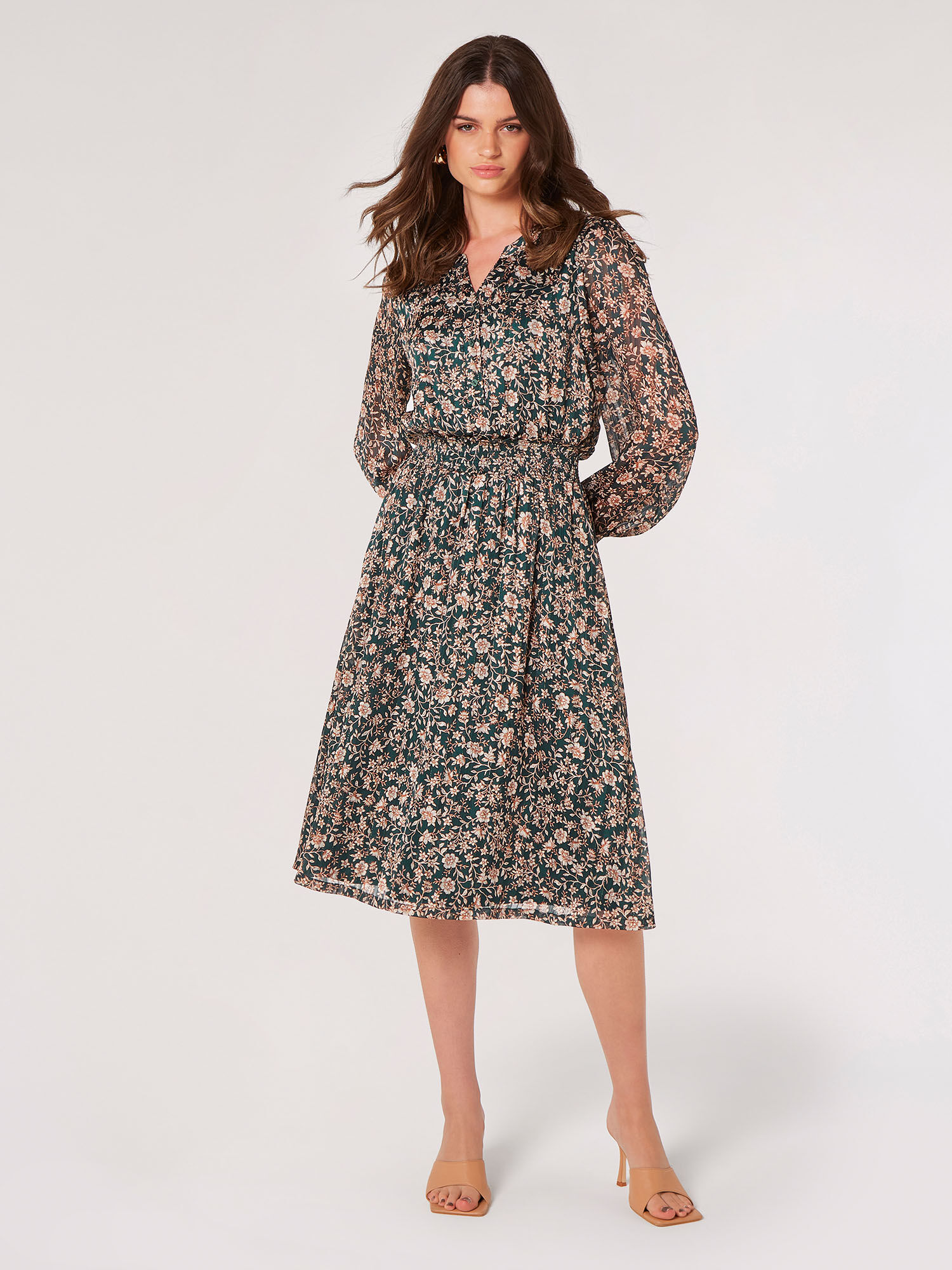 Floral Satin Sparkle Midi Dress Apricot Clothing