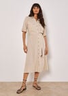 Linen Blend Utility Shirt Midi Dress, Stone, large