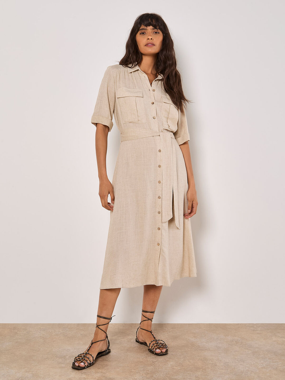 Image of Linen Blend Utility Shirt Midi Dress