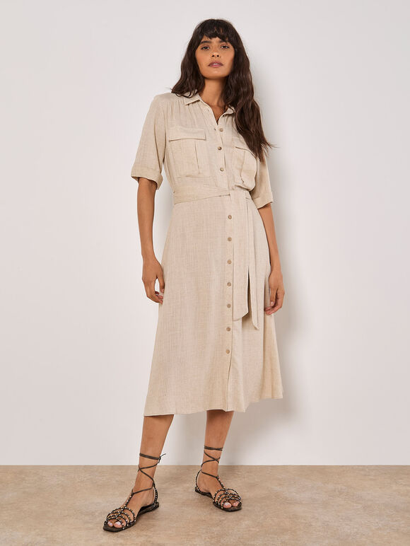 Linen Blend Utility Shirt Midi Dress, Stone, large