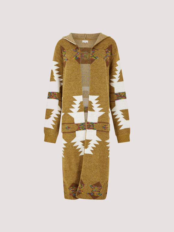 Mustard Aztec Hooded Cardigan, Mustard, large