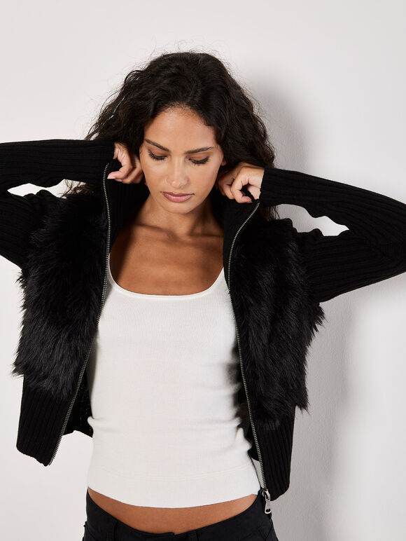 Faux Fur Ribbed Knit Cardigan, Black, large