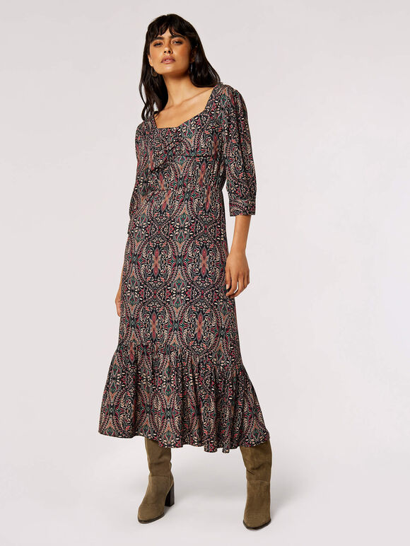 Paisley Print Midi Dress, Black, large