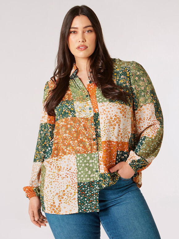 Curve Ditsy Patchwork Shirt, Green, large