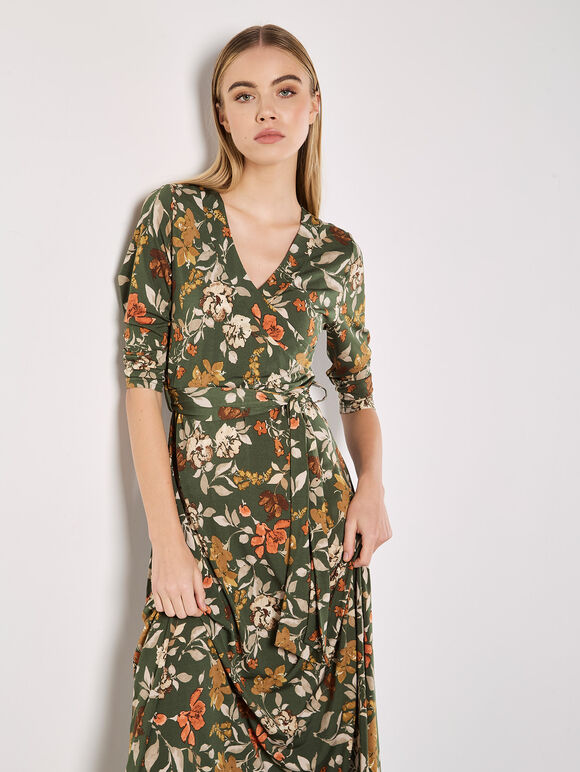 Floral Leaf Print Midaxi Dress, Khaki, large