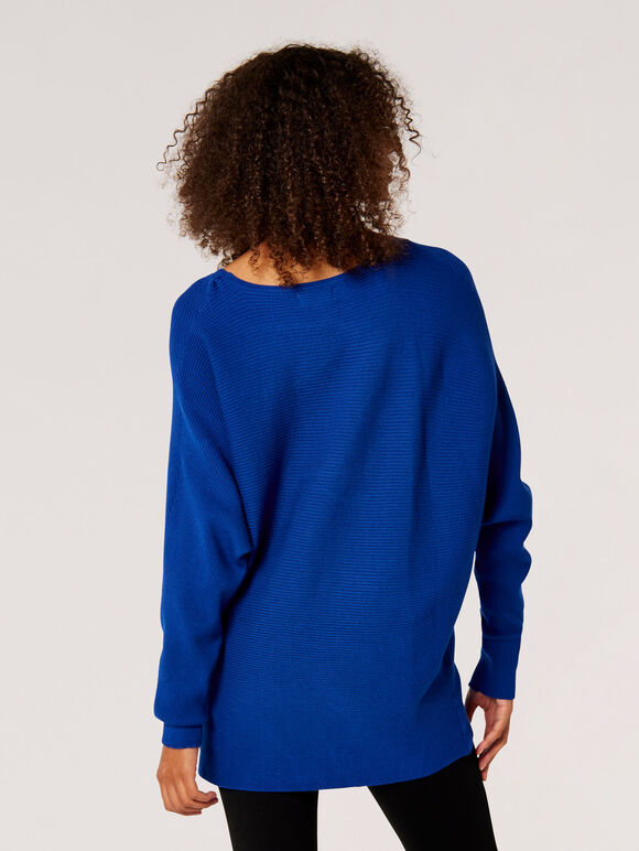 Batwing Longline Ribbed Jumper, Blue, large