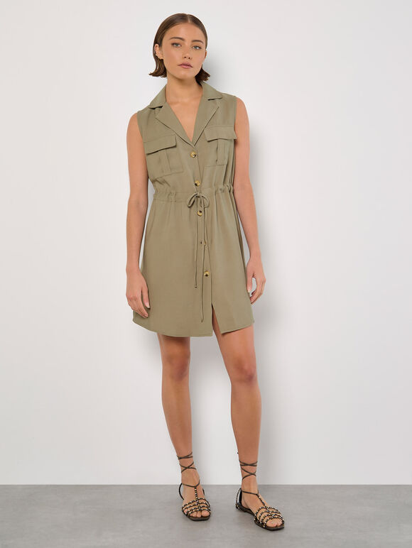 Utility Shirt Mini Dress, Khaki, large