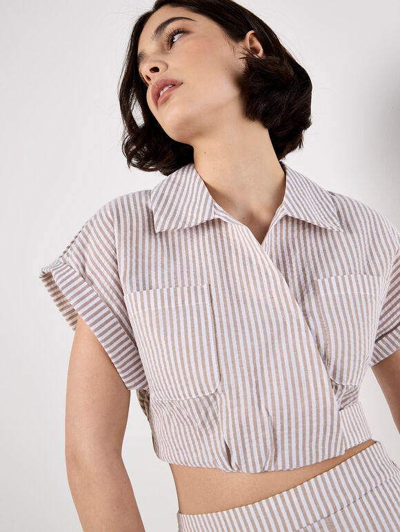Stripe Shirt Crop Top, Stone, large