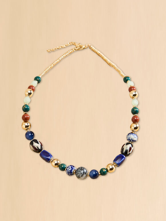 Multi Stone Beaded Necklace, Blue, large