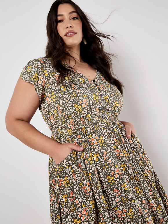 Ditsy Floral Maxi Dress, Khaki, large