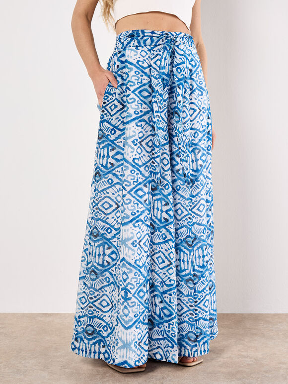 Lightweight Ikat Palazzo Trousers, Blue, large