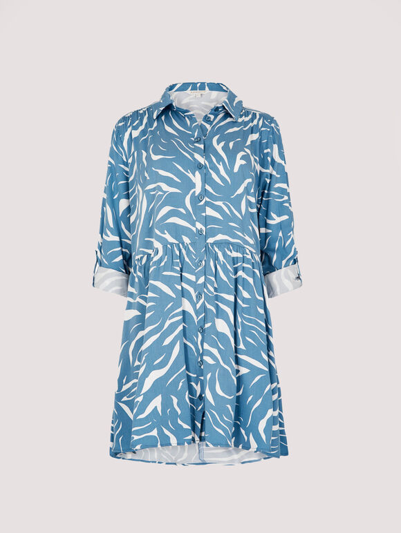 Zebra Print Shirt Mini Dress, Blue, large