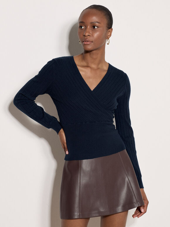Rib Knit Wrap Top, Navy, large