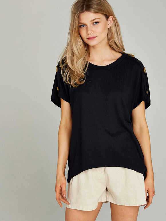 Button Shoulder Curved Hem Tee, Navy, large