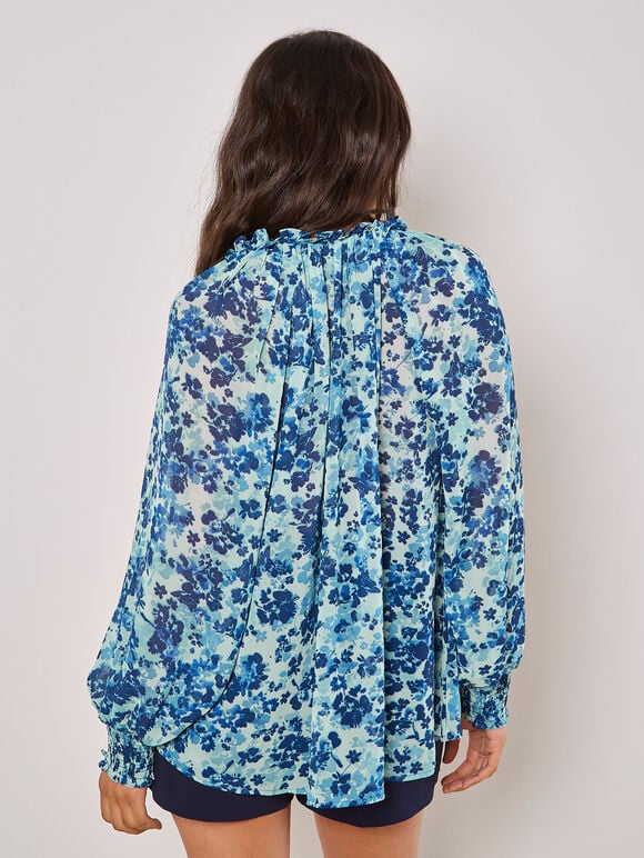 Blurred Floral Chiffon Blouse, Aqua - Turquoise, large