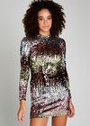 Pink Multicoloured Mock Neck Sequin Dress, Pink, large