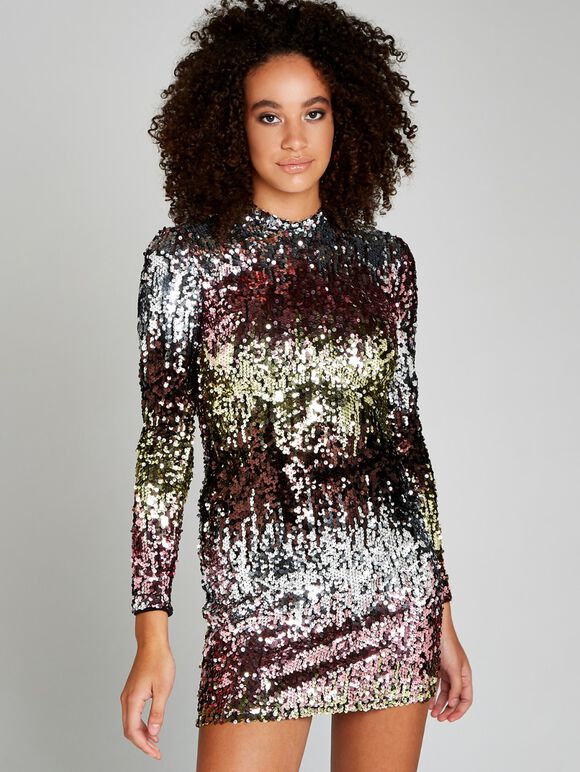 Pink Multicoloured Mock Neck Sequin Dress, Pink, large