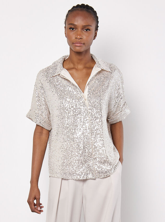 Sequin Embellished Relaxed Shirt, Stone, large