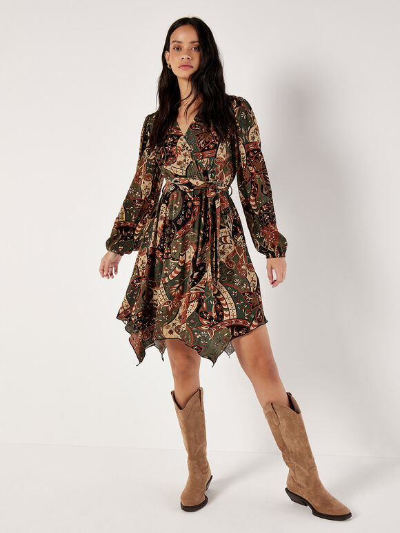 Paisley Wrap Mini Dress, Khaki, large