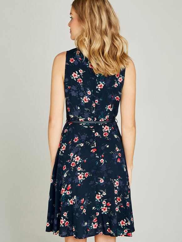 Navy Painterly Floral Cut Out Neck Dress, Navy, large