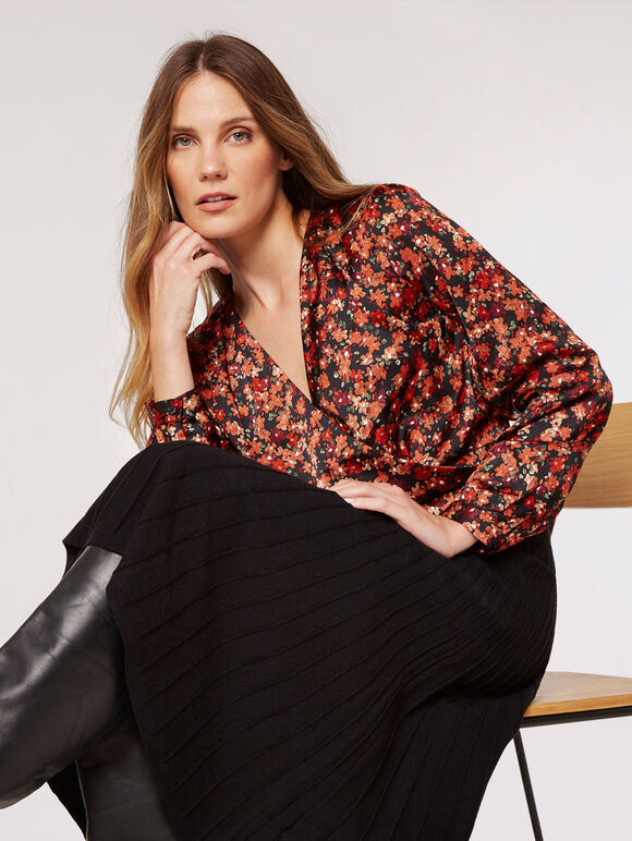 Painterly Floral Wrap Top, Black, large