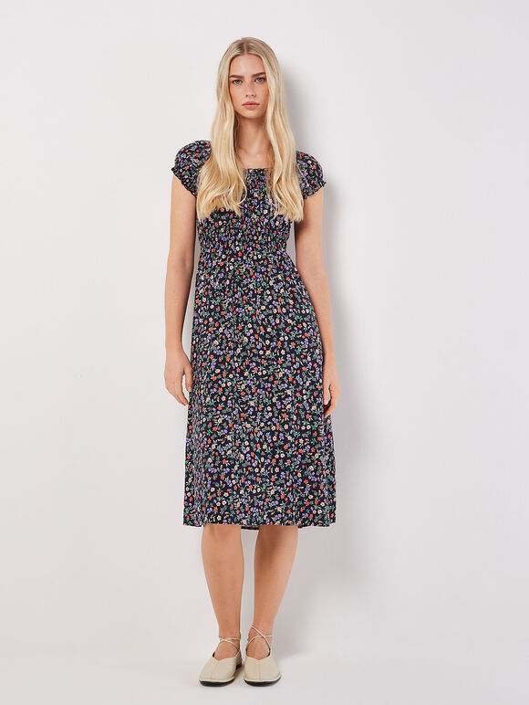 Garden Floral Milkmaid Midi Dress, Navy, large