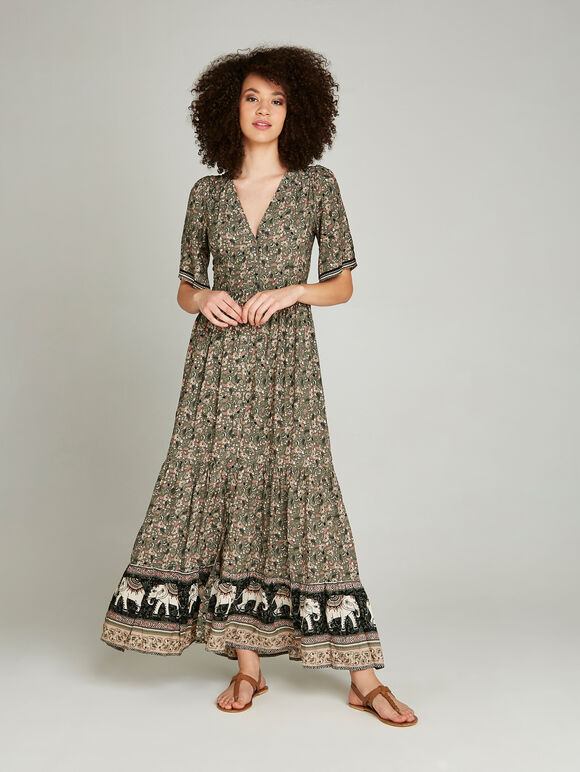 Elephant Border Print Maxi Dress, Khaki, large