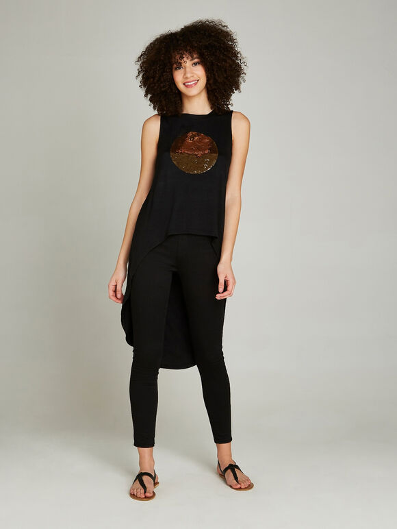 Black Sequin Sun Extreme High Low Vest, Black, large