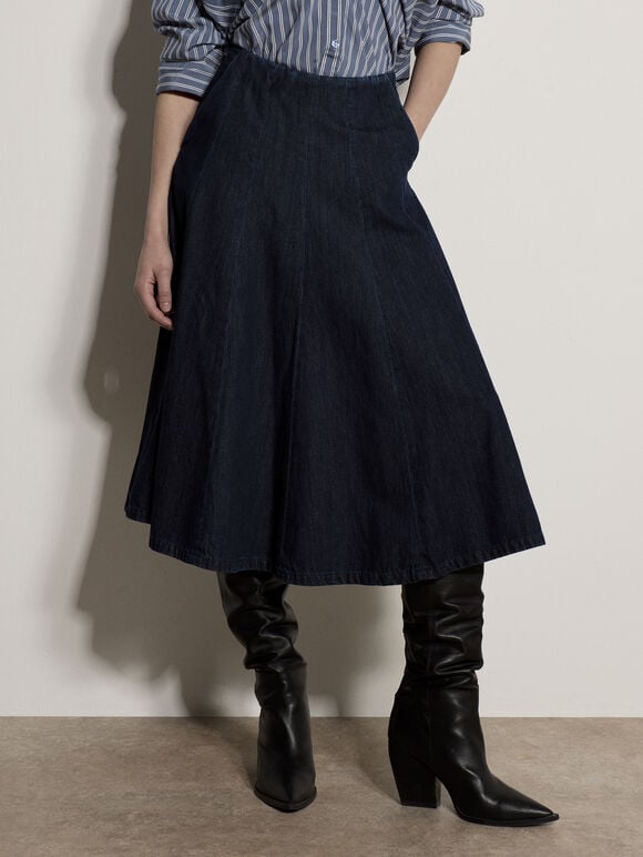 Denim Flare Midi Skirt, Navy, large