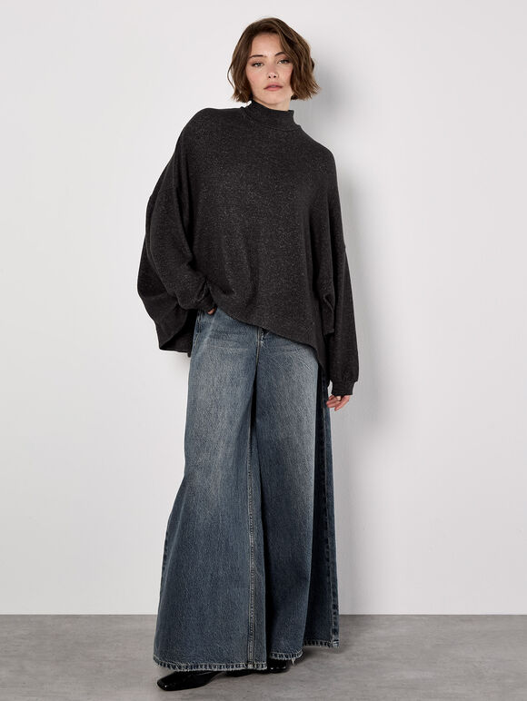Mock Neck Oversized Soft Knit Top, Dark Grey - Charcoal, large