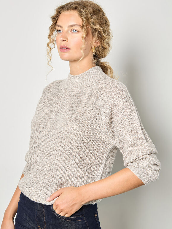 Sequin Fisherman Knit Jumper, Cream, large