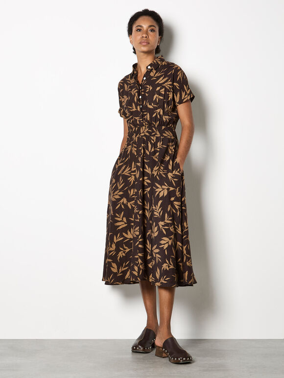 Textured Leaf Shirt Midi Dress, Brown, large