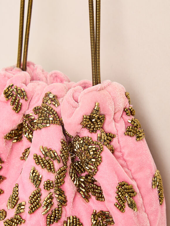 Beaded Velvet Drawstring Bag, Pink, large