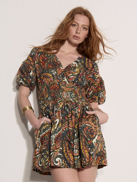 Paisley Bubble Hem Cotton Mini Dress, Khaki, large
