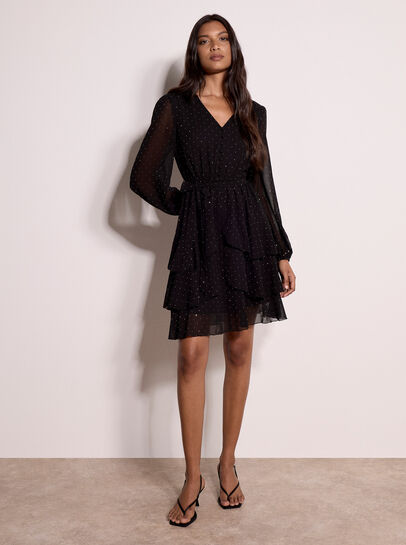 Diamante Embellished Chiffon Tiered Mini Dress