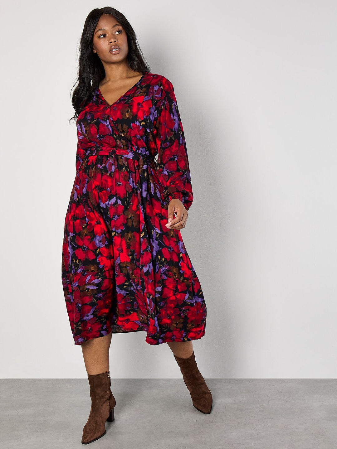 Curve Floral Wrap Midaxi Dress Apricot Clothing