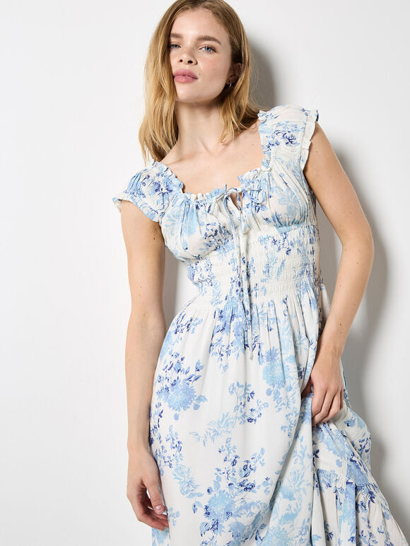 Floral Smocked Midi Dress, Cream, large