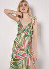 Palm Print Ruffle Midi Dress, Green, large