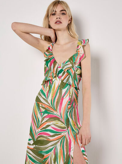 Palm Print Ruffle Midi Dress