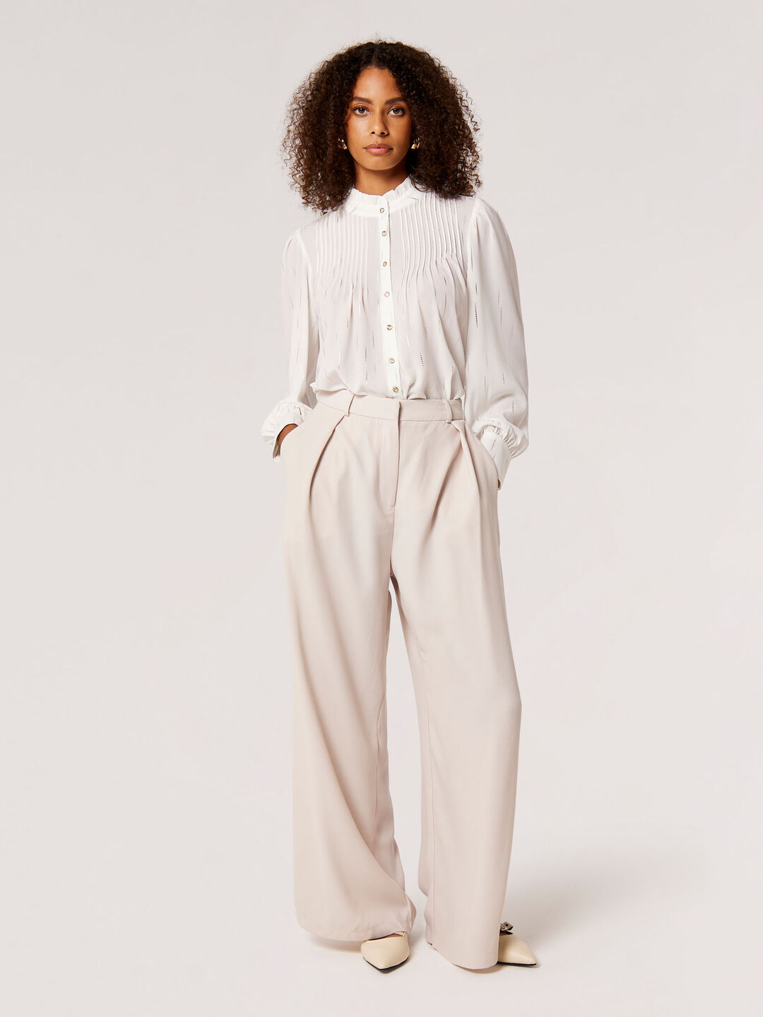 Image of Pintuck Pleat Gold Foil Chiffon Blouse