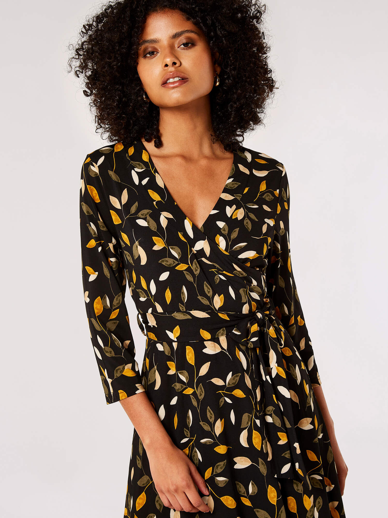 Leaf Silhouette Wrap Midi Dress Apricot Clothing