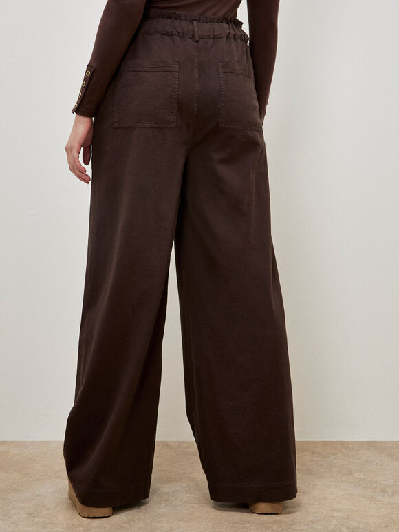 Paper Bag Waist Wide Leg Trousers, Brown, large