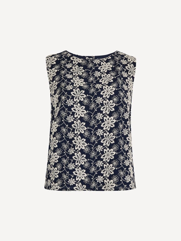 Floral Embroidered Shell Top, Navy, large