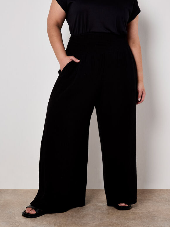 Smocked Waistband Palazzo Trousers, Black, large