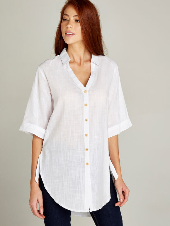 Cream Tie Detail Slub Shirt, Cream, large