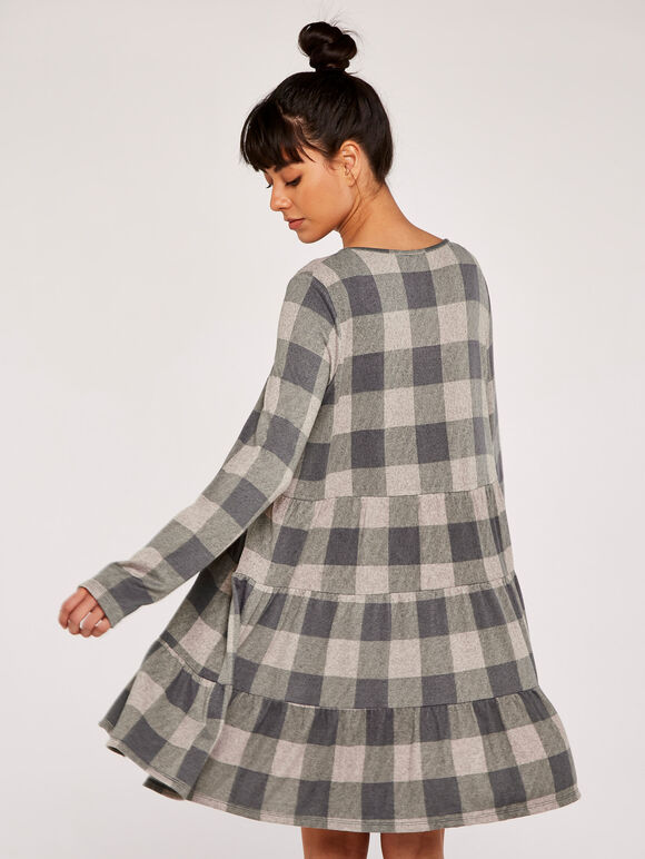 Check Print Cozy Tiered Dress, Grey, large